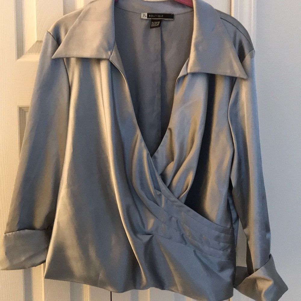 Periwinkle Satin Blouse w/ Black Lined Skirt